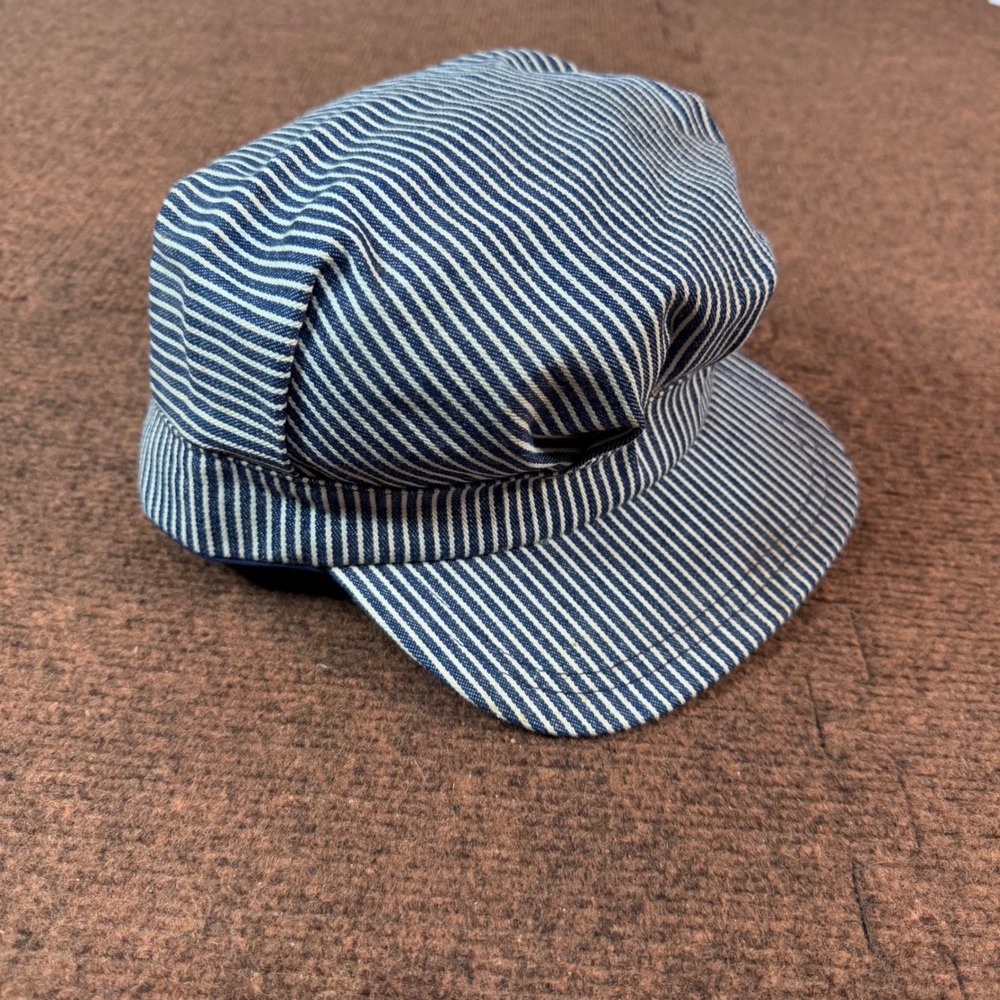 C+ Vintage Hickory Stripe Railroad Engineer Hat Made in USA Blue White Snapback